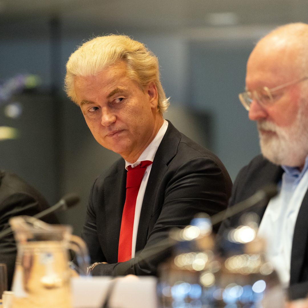 Geert Wilders (C), leader of the far-right Party for Freedom, sits next to Frans Timmermans (R), leader of the Green Left-Labor Party alliance, and Henri Bontenbal (L), leader of the Christian Democratic Appeal party, during a meeting in the Dutch parliament on Nov. 24, 2023, in The Hague, Netherlands. The party leaders are discussing the formation of a coalition government following Wilders' victory in the Nov. 22 general election.