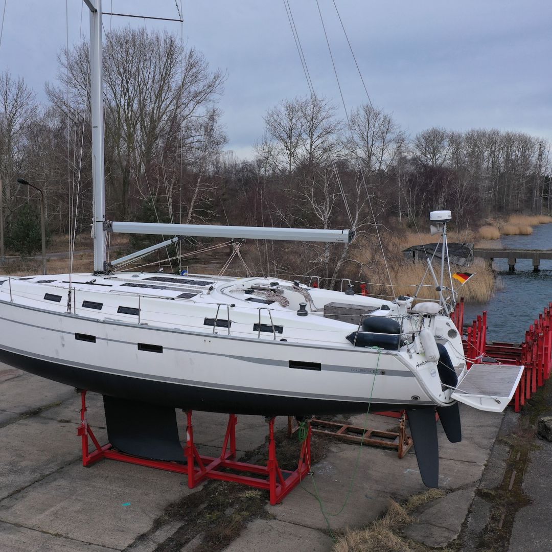 A recreational sailing yacht suspected of use in the sabotage of undersea gas pipelines stands in dry dock on the headland of Bug on Ruegen Island on March 17, 2023, near Dranske, Germany.