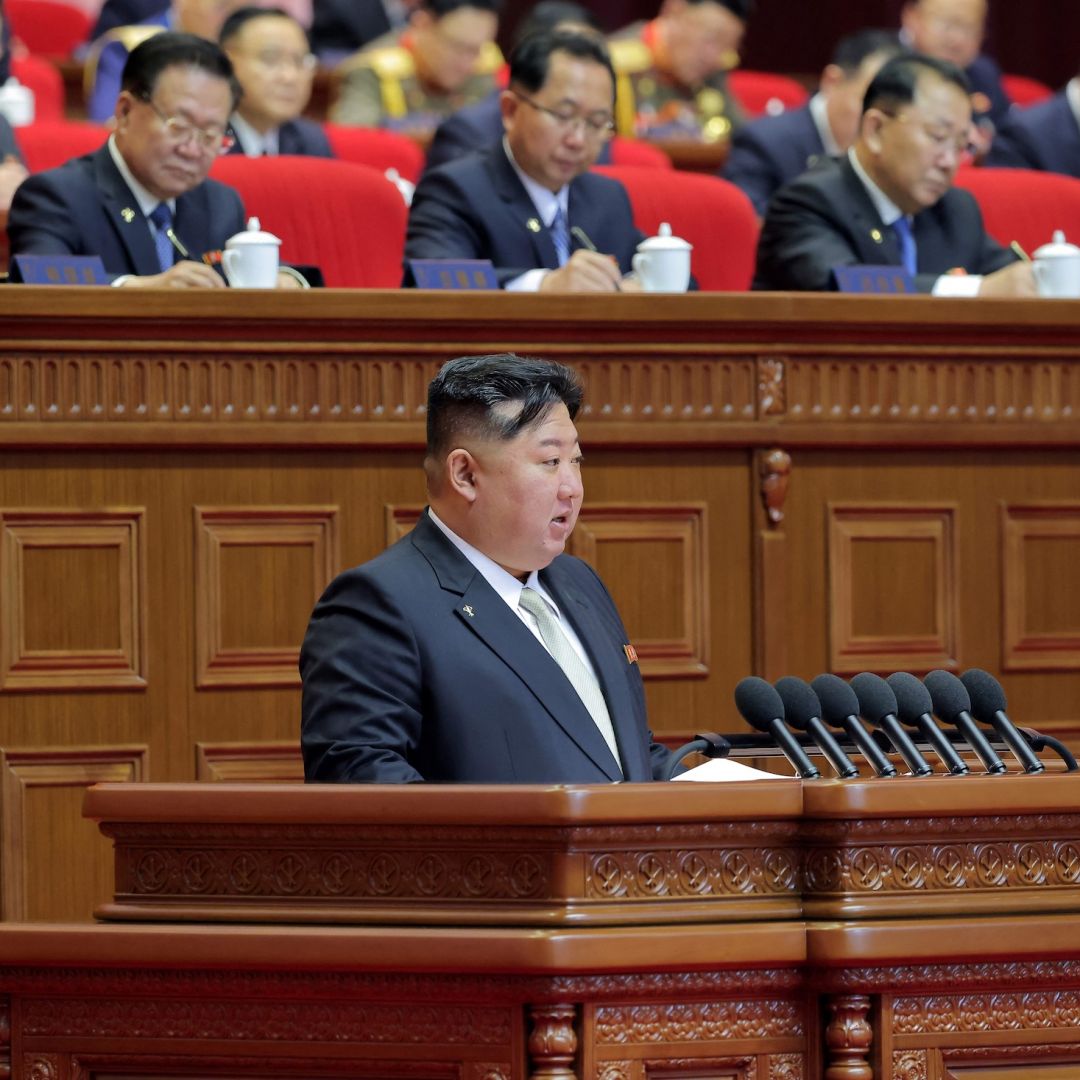 North Korean leader Kim Jong Un speaks during the Ninth Congress of the Workers' Party of Korea in Pyongyang, North Korea, on Feb. 22, 2026. 