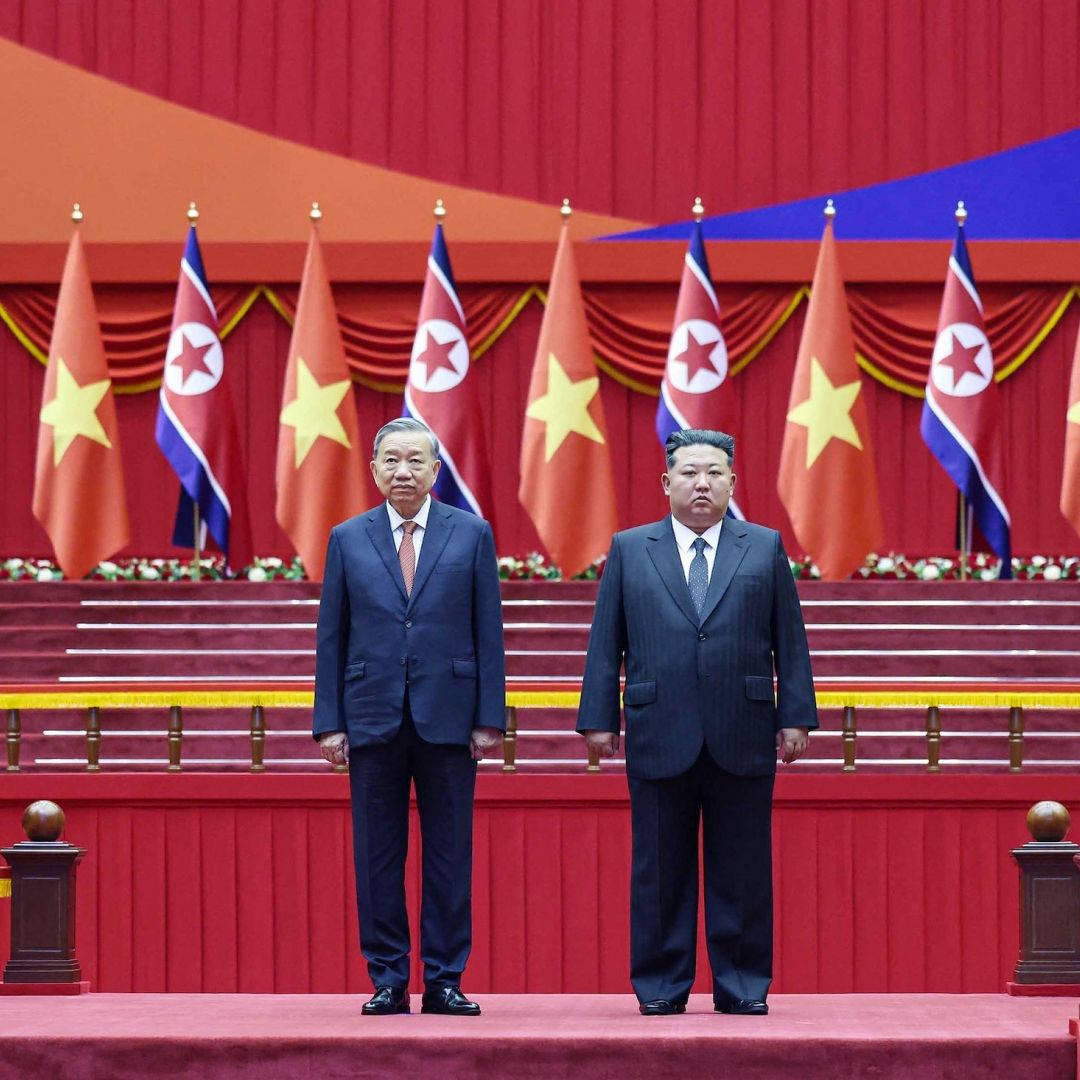 Vietnamese Communist Party General Secretary To Lam (left) and North Korean leader Kim Jong Un participate in a ceremony at the Pyongyang Sports Palace on Oct. 9, 2025, during Lam's three-day official visit to North Korea. Vietnamese Communist Party General Secretary To Lam (left) and North Korean leader Kim Jong Un participate in a ceremony at the Pyongyang Sports Palace on Oct. 9, 2025, during Lam's three-day official visit to North Korea.