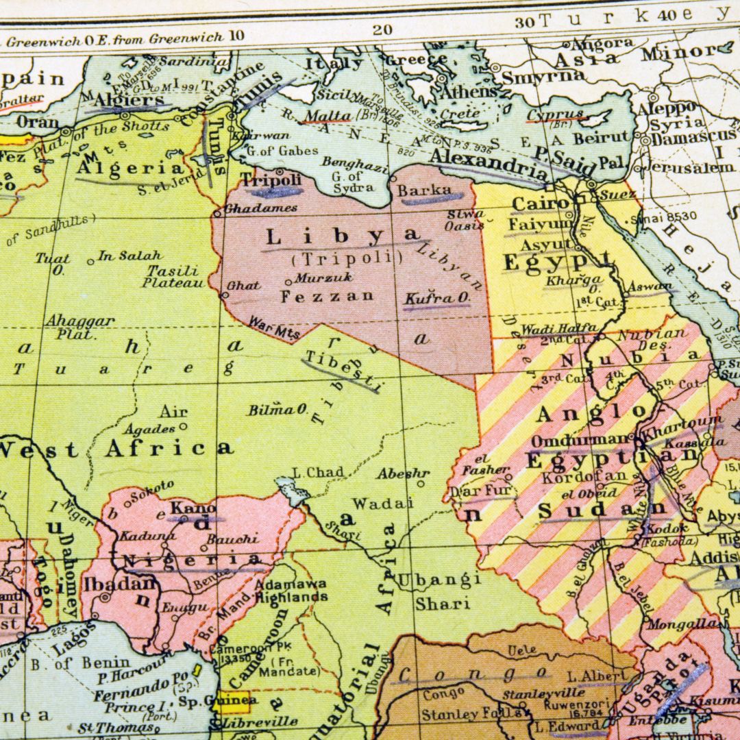 An old map labels African countries and regions by their colonial names.