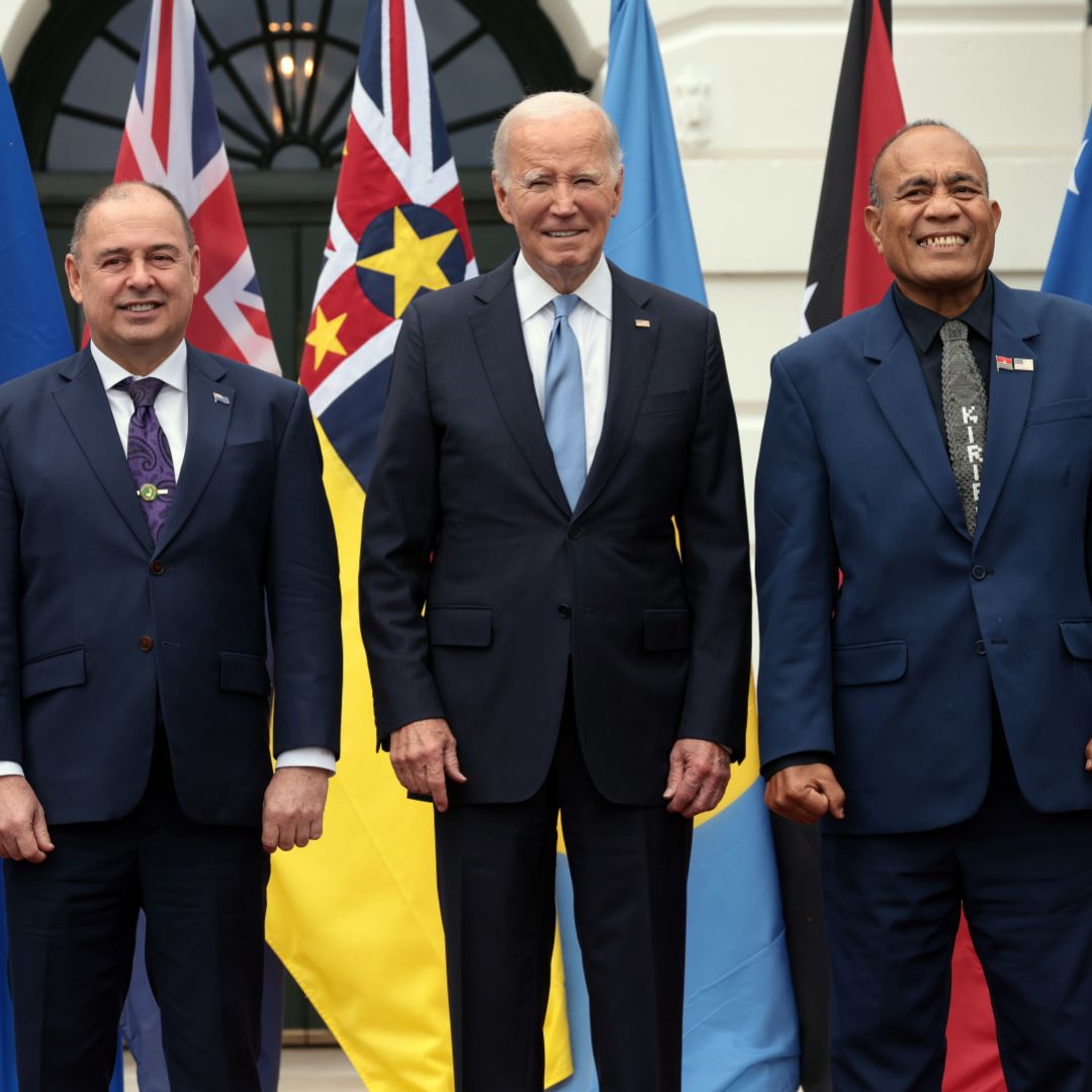 Papua New Guinea's Prime Minister James Marapeand, the Cook Islands' Prime Minister Mark Brown, U.S. President Joe Biden and Kiribati's President Taneti Maamau at the Pacific Islands Forum (PIF) as part of the U.S.-PIF summit at the White House on Sept. 25, 2023, in Washington, D.C.