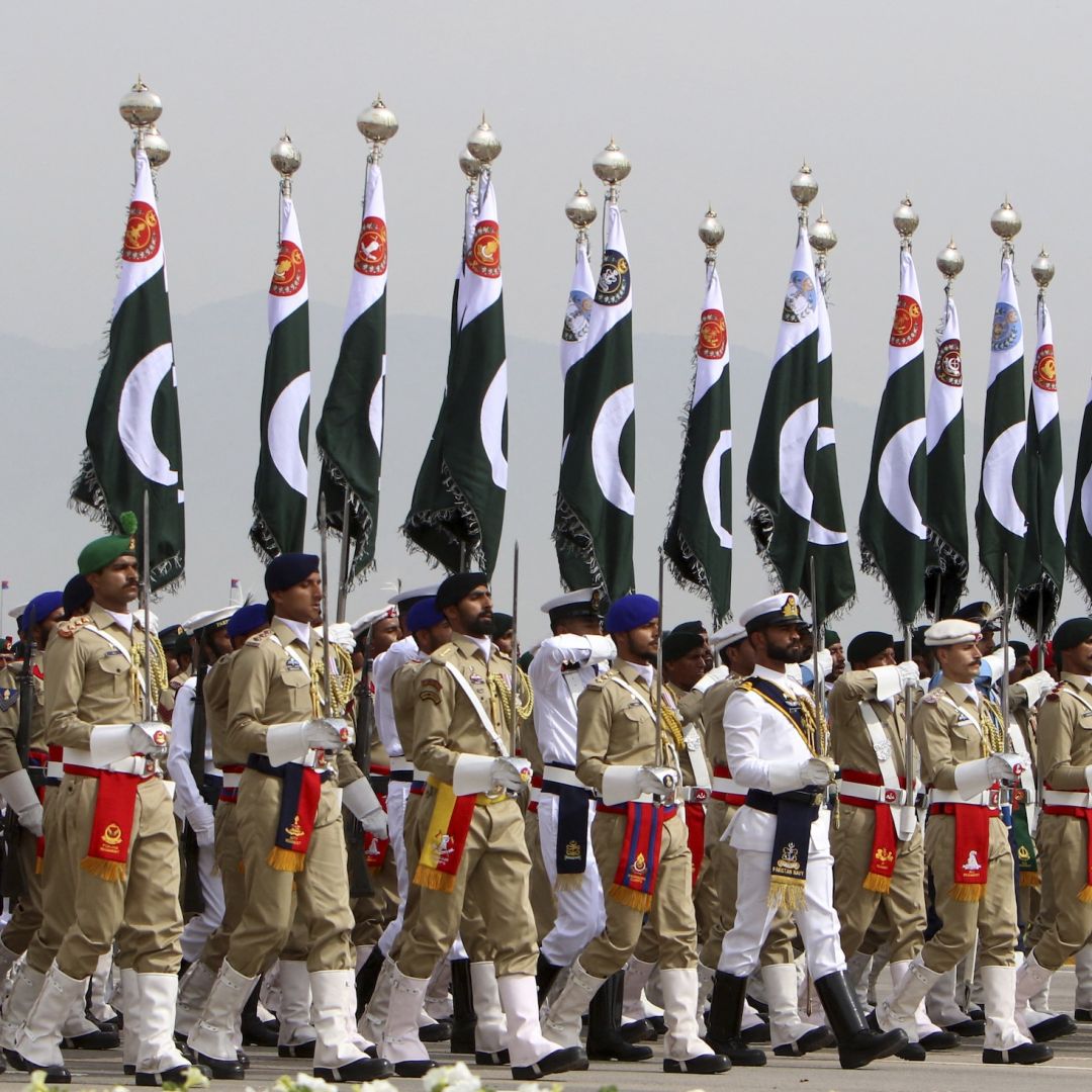 Pakistan's armed forces march in the country's National Day parade in Islamabad on March 23, 2024. 