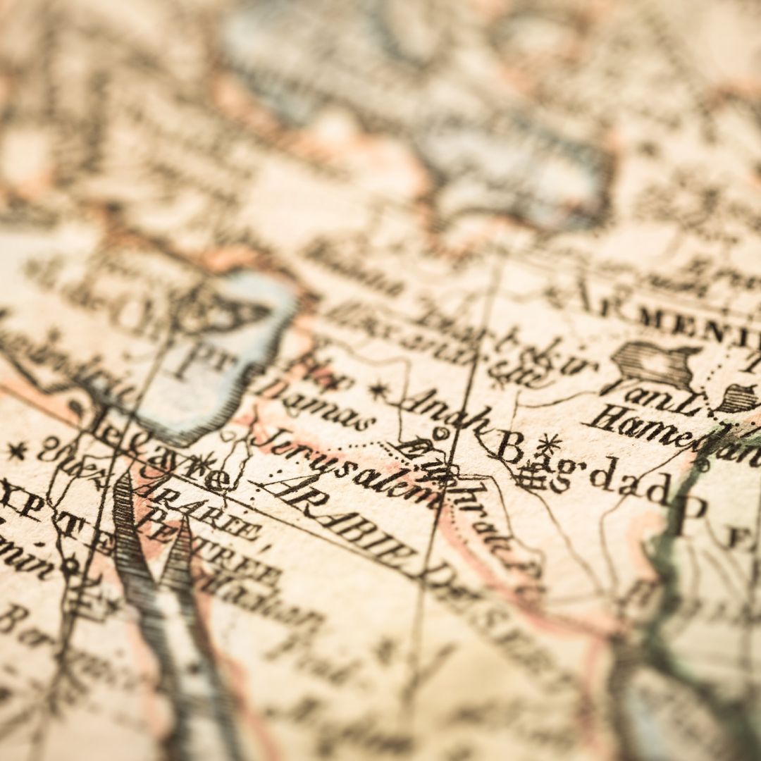 An antique map showing the area around modern-day Israel and the Palestinian territories. An antique map showing the area around modern-day Israel and the Palestinian territories.