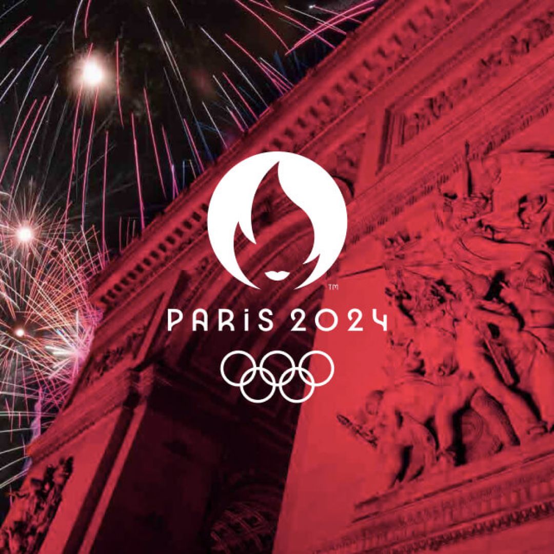 The 2024 Summer Olympic Games logo is superimposed on a photo of the Arc de Triomphe and fireworks in Paris, France.