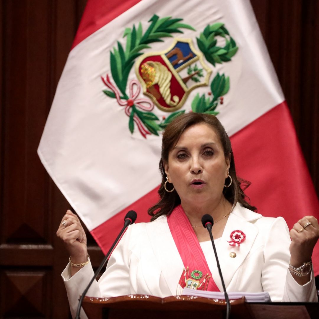 Peruvian President Dina Boluarte delivers an address to lawmakers in Congress on July 28, 2023. 