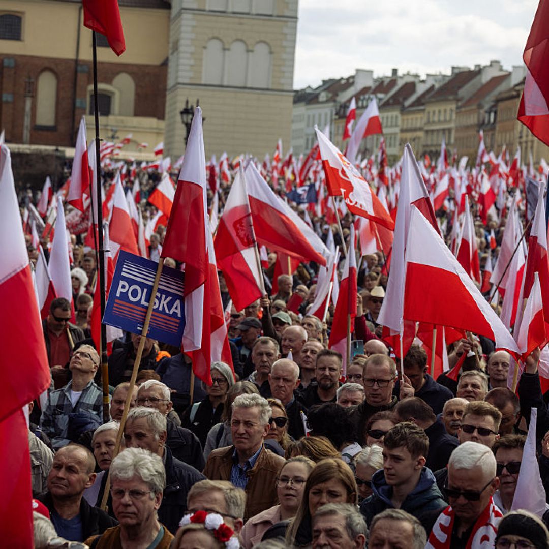 Supporters of the PiS party demonstrate April 12 in Warsaw, Poland. Poland will hold a presidential election May 18 and runoff June 1 if no candidate obtains more than 50% in the first round. Supporters of the PiS party demonstrate April 12 in Warsaw, Poland.
