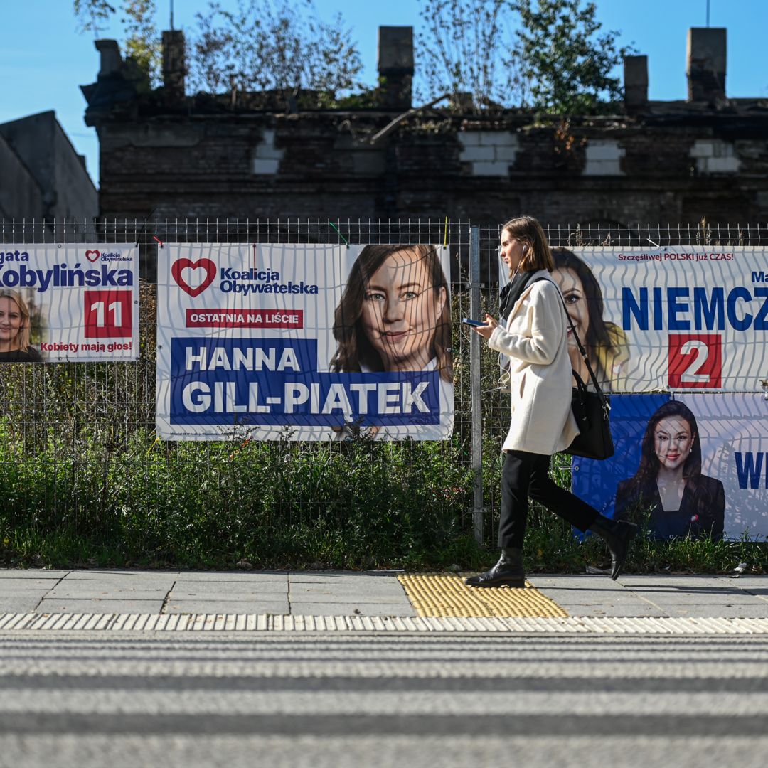 Posters for parliamentary candidates ahead of Poland's Oct. 10, 2023, election in Lodz, Poland.