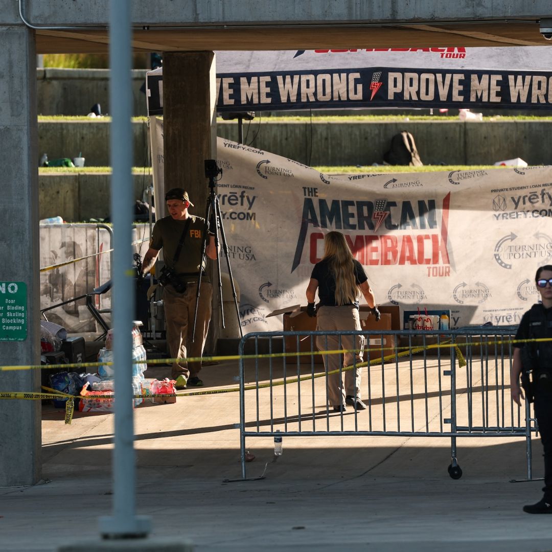 The crime scene where political activist Charlie Kirk was shot and killed Sept. 11 at Utah Valley University in Orem, Utah.
