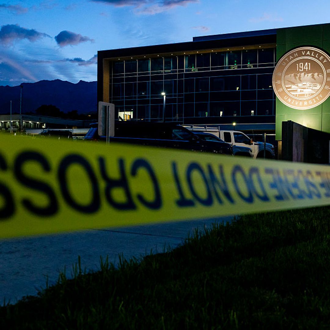 Police tape hangs in front of Utah Valley University following the fatal shooting of political activist Charlie Kirk during an event at the campus Sept. 12, 2025 in Orem, Utah.
