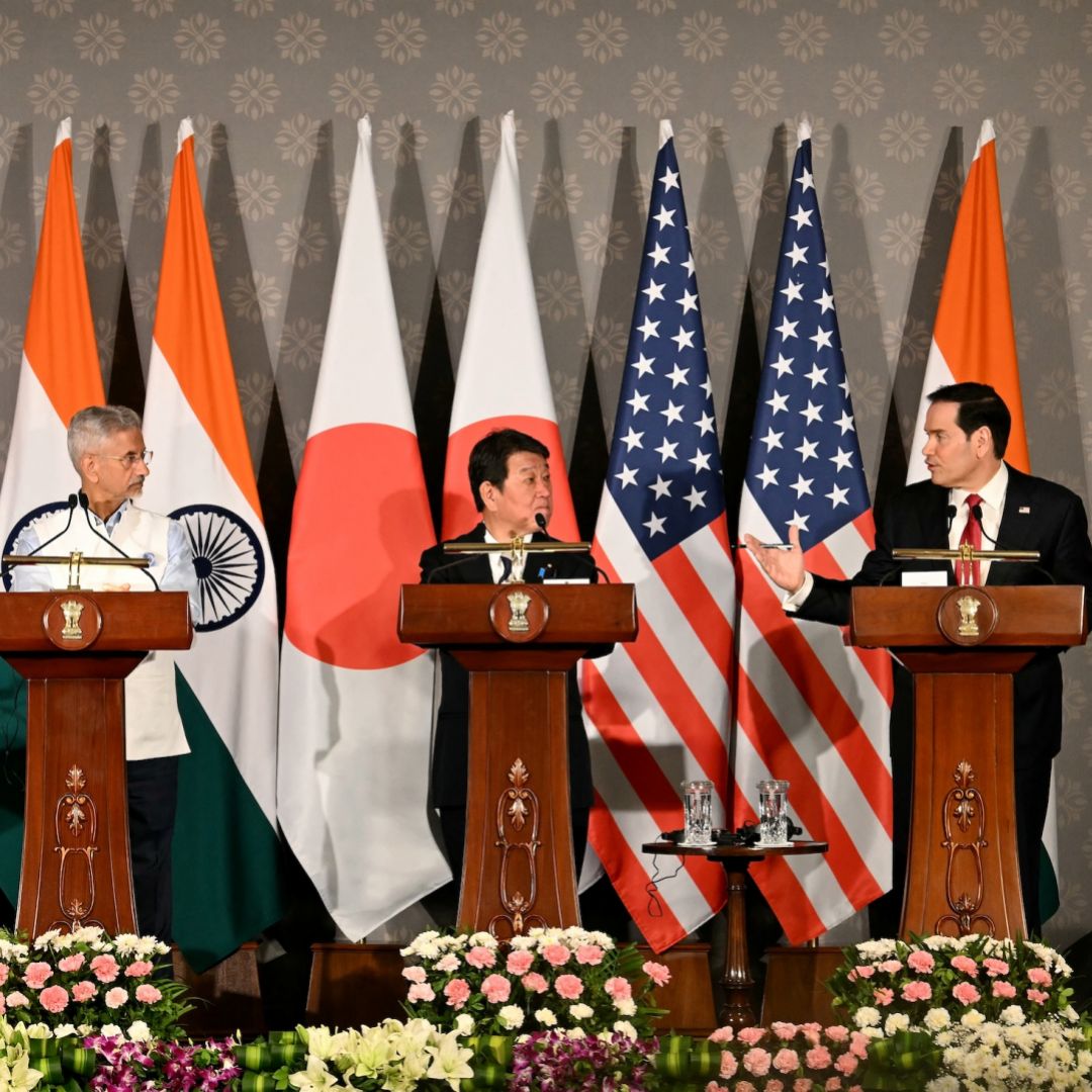 (From left to right) Australian Foreign Minister Penny Wong, Indian Foreign Minister Subrahmanyam Jaishankar, Japanese Foreign Minister Toshimitsu Motegi and U.S. Secretary of State Marco Rubio hold a joint press conference after their Quad meeting in New Delhi on May 26, 2026.