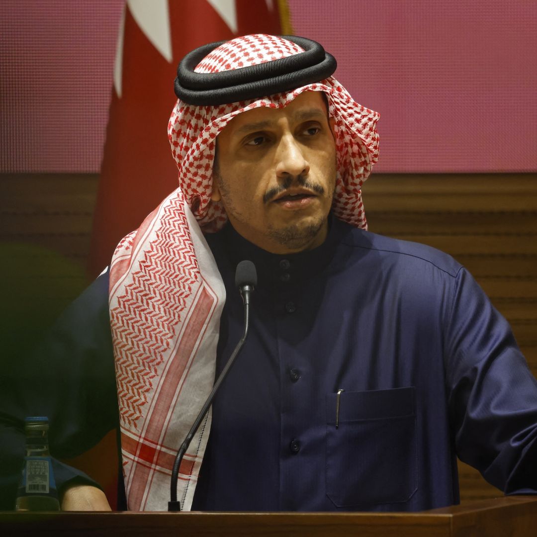 Qatari Prime Minister Sheikh Mohammed bin Abdulrahman Al Thani holds a press conference in Doha on Jan. 15, 2025, after Israel and Hamas agreed to a ceasefire in Gaza.