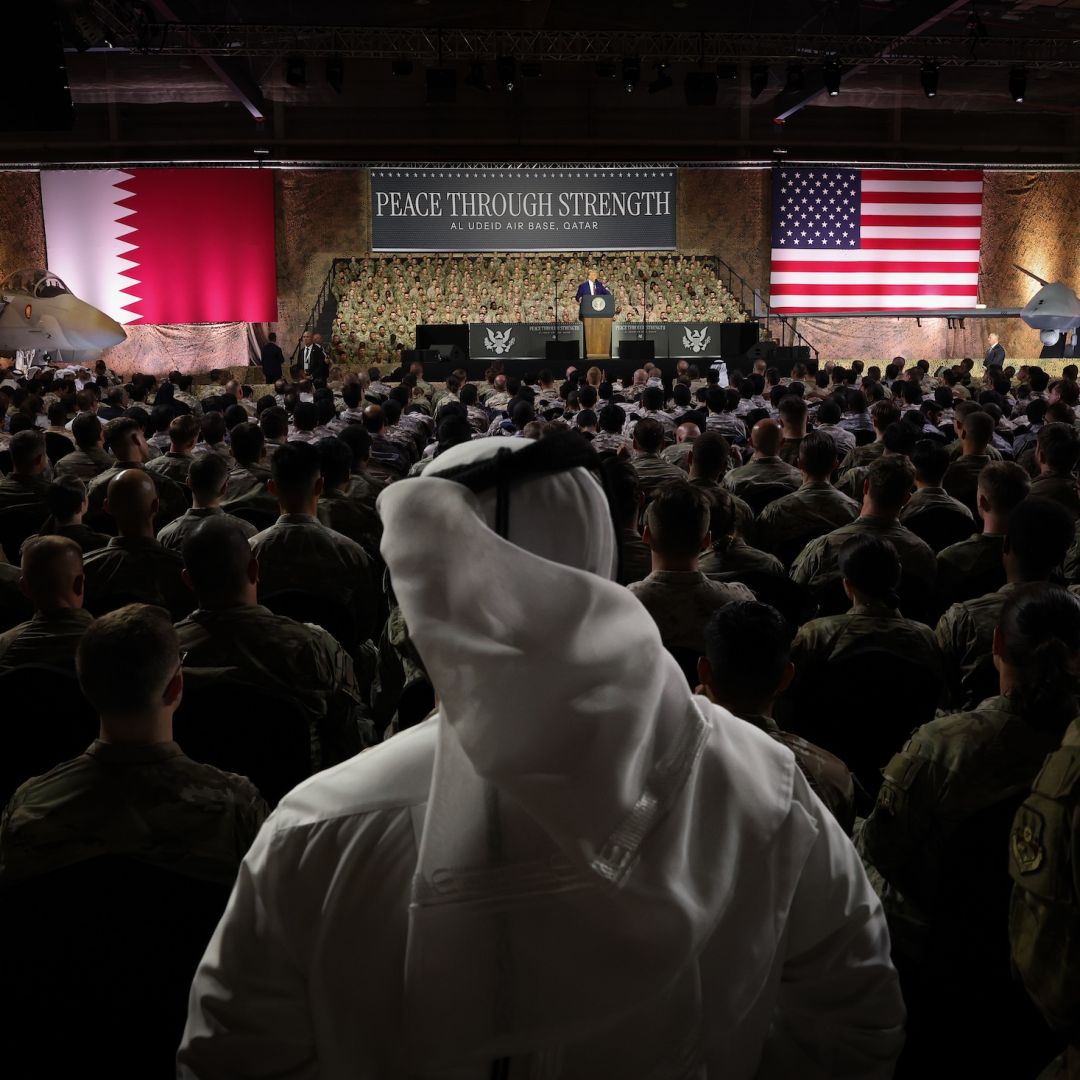 U.S. President Donald Trump delivers remarks to U.S. and Qatari military personnel at the Al Udeid Air Base in Doha, Qatar, on May 15, 2025.