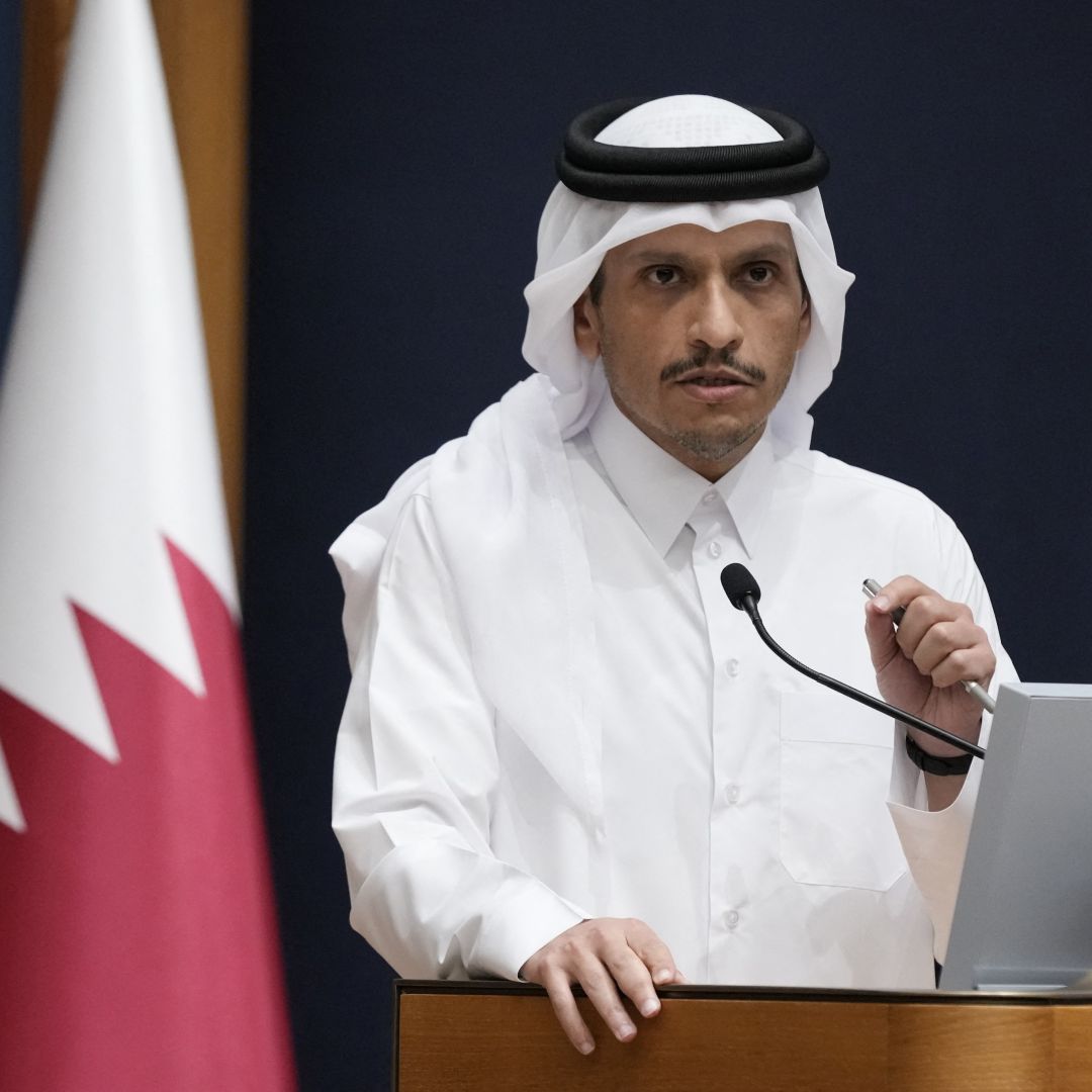 Qatari Prime Minister and Minister of Foreign Affairs Mohammed bin Abdulrahman Al Thani speaks during a press conference alongside U.S. Secretary of State Antony Blinken in Doha, Qatar, on Oct. 13, 2023. 