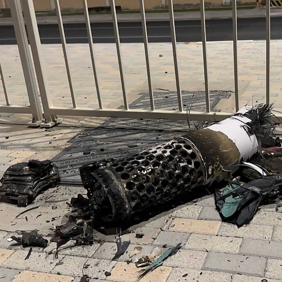 A photo taken on June 23, 2025, shows the remnants of an Iranian missile intercepted over Qatar. A photo taken on June 23, 2025, shows the remnants of an Iranian missile intercepted over Qatar.