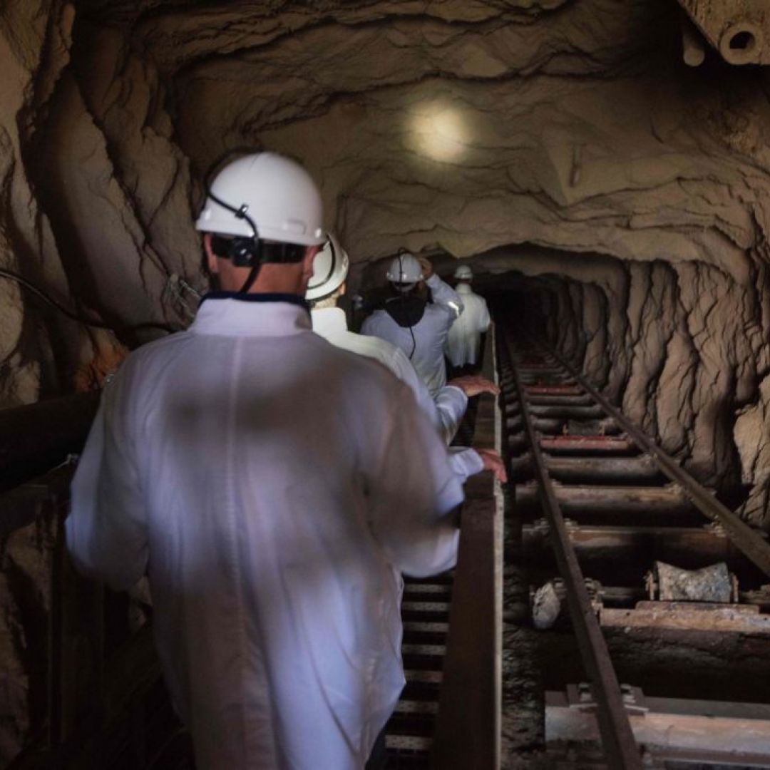 Visitors walk down the inclined shaft at Steenkampskraal rare-earth mine on July 29, 2019, about 80 kilometers (about 50 miles) from Vanrhynsdorp, a town in Western Cape province, South Africa. Visitors walk down the inclined shaft at Steenkampskraal rare-earth mine on July 29, 2019, about 80 kilometers (about 50 miles) from Vanrhynsdorp, a town in Western Cape province, South Africa.