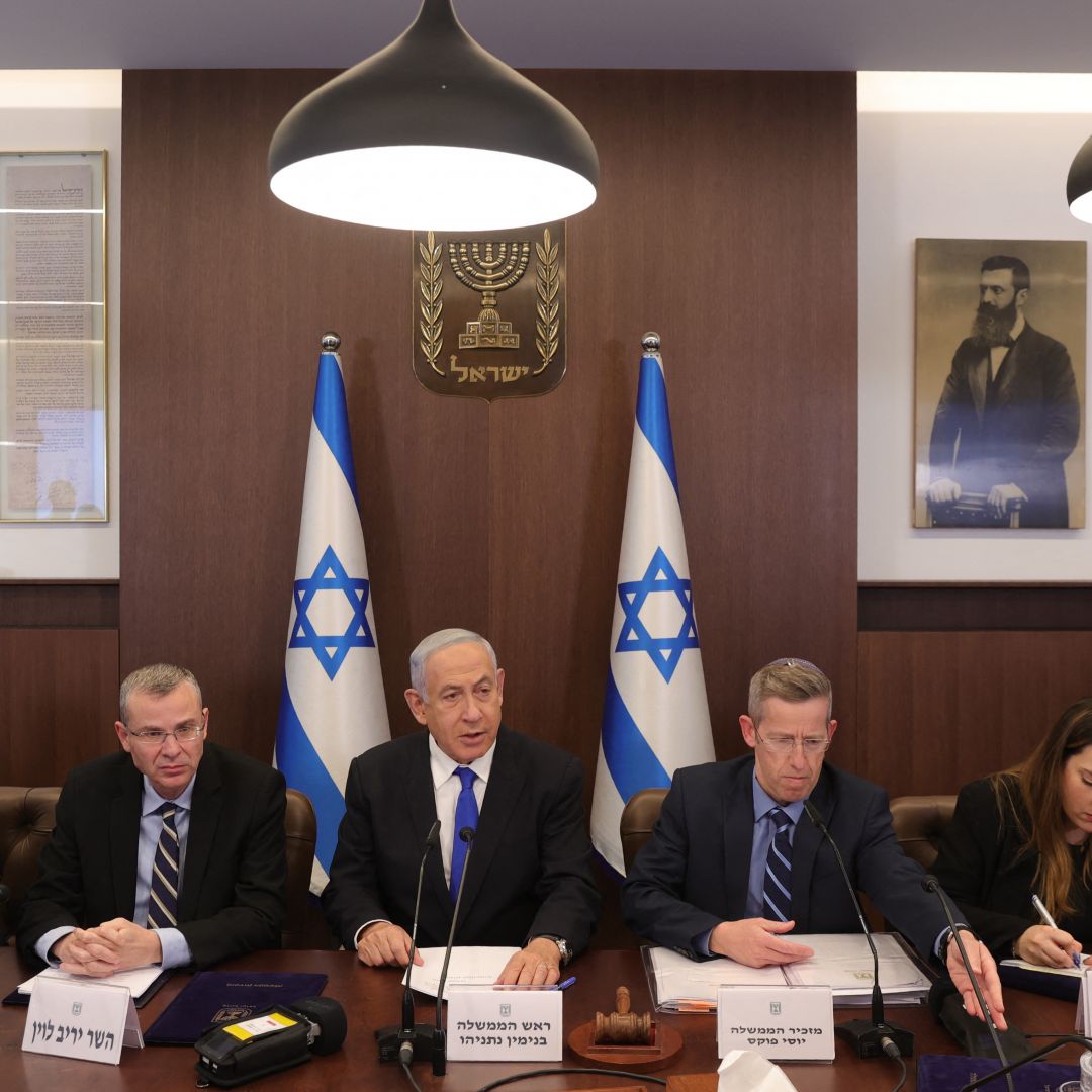 Israeli Prime Minister Benjamin Netanyahu (C) at a weekly Cabinet meeting Feb. 19, 2023, in Jerusalem.