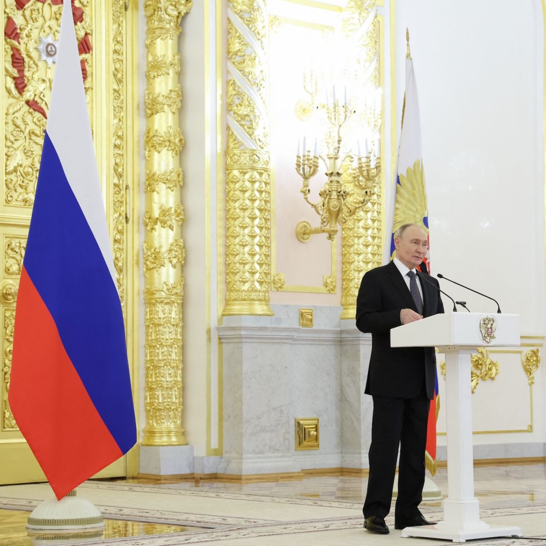 Russian President Vladimir Putin gives a speech during a state awards ceremony at the Kremlin in Moscow on Dec. 16, 2024.