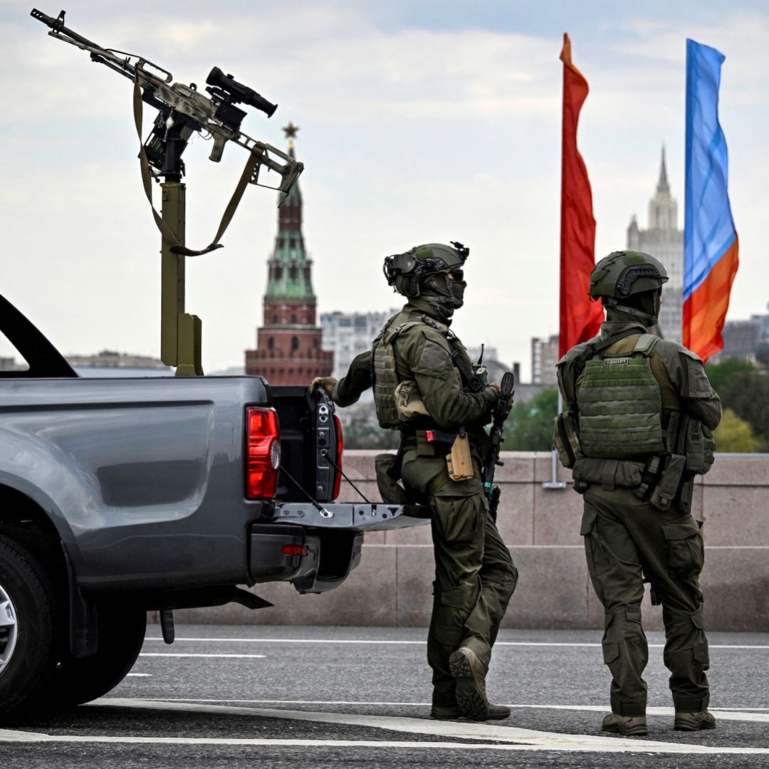 Russian officers patrol central Moscow on May 5, 2026, in front of the Kremlin, a few days ahead of the Victory Day military parade, to be held at Red Square on May 9. 