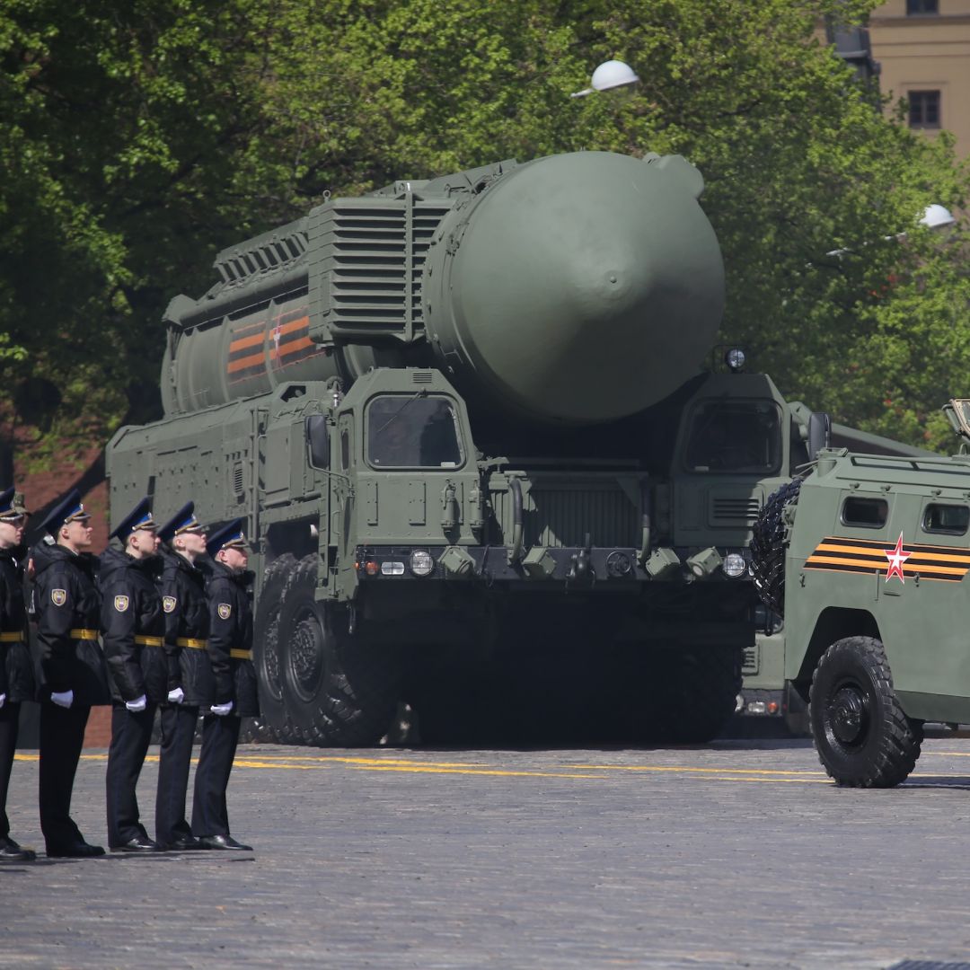 A Russian RS-24 Yars nuclear missile complex arrives during the main rehearsals of the Victory Day military parade in Moscow's Red Square on May 5, 2024.