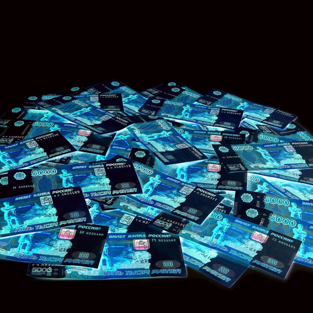 A stock photo shows banknotes of the Russian ruble. 