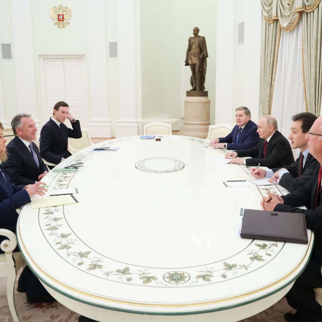 Russia's President Vladimir Putin, accompanied by Kremlin economic envoy Kirill Dmitriev and Kremlin aide Yuri Ushakov, meets with US special envoy Steve Witkoff and US President Donald Trump's son-in-law Jared Kushner at the Kremlin in Moscow on Dec. 2, 2025.