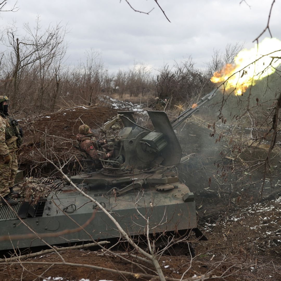 Ukrainian anti-aircraft gunners fire in the direction of Bakhmut in the Donetsk region on Feb. 20, 2024. 