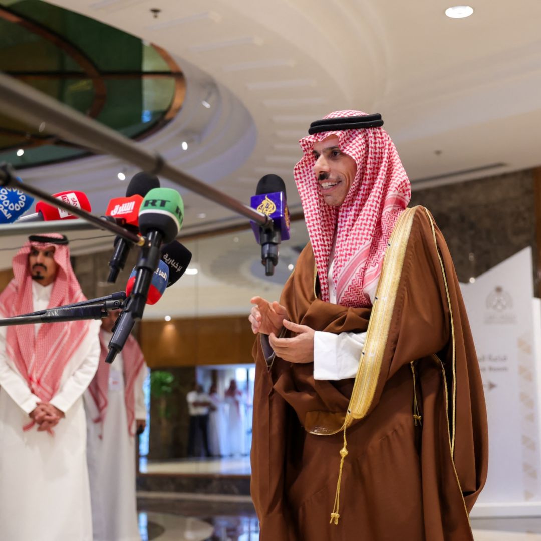 Saudi Foreign Minister Prince Faisal bin Farhan speaks to journalists in Riyadh before the first meeting of Saudi Arabia's new global alliance to push for Palestinian statehood on Oct. 30, 2024. 