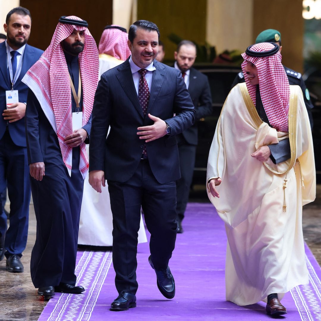 Saudi Foreign Minister Faisal bin Farhan welcomes his Syrian counterpart Asaad Al-Shaibani before attending an Arab officials' meeting in Riyadh on Jan. 12, 2025.