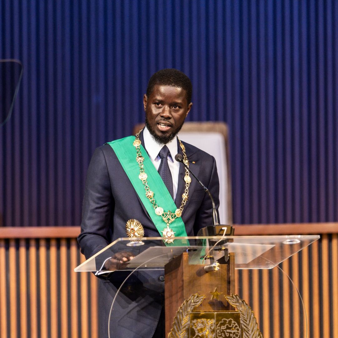 Bassirou Diomaye Faye gives an address as Senegal's president at an exhibition center in the new town of Diamniadio near the capital Dakar on April 2, 2024.