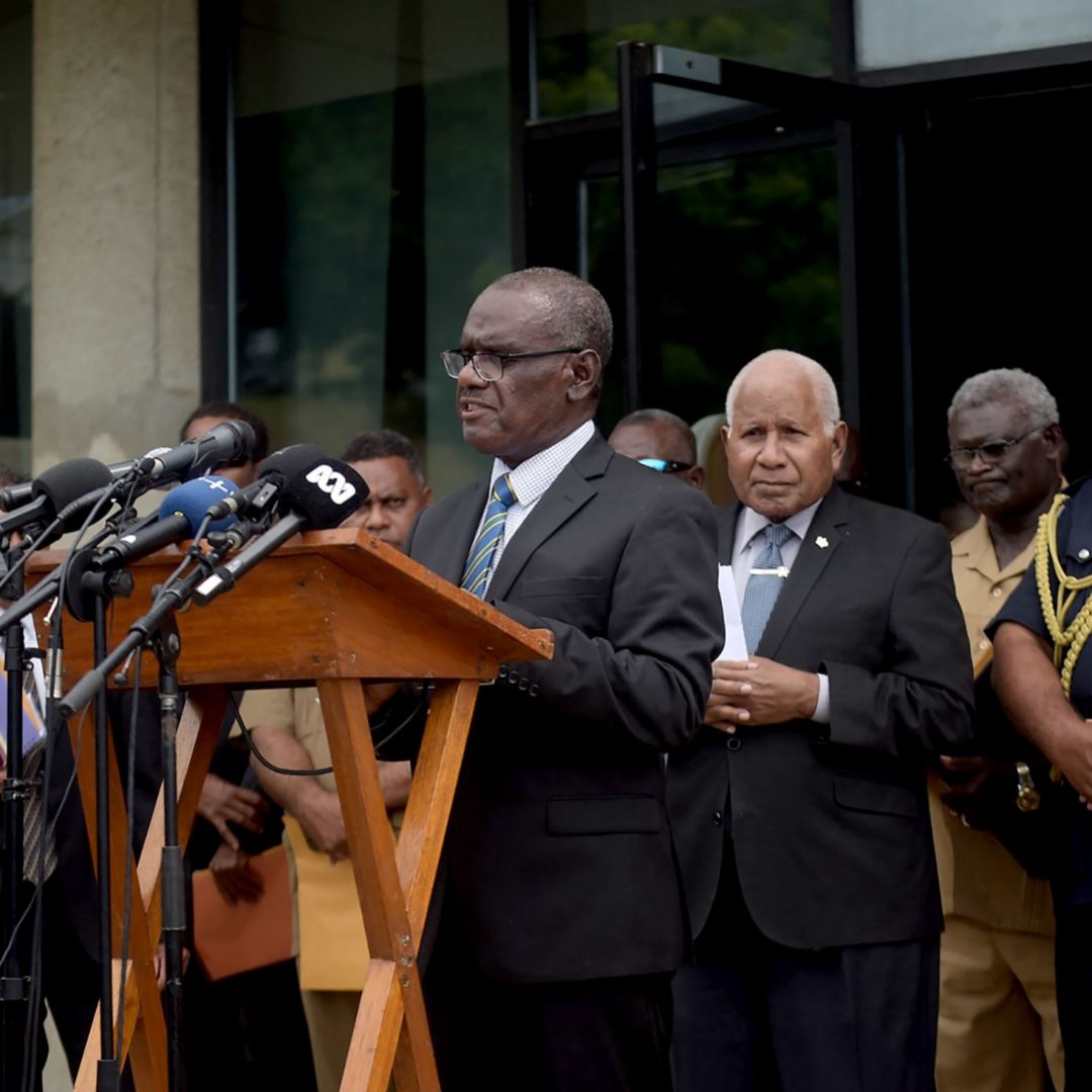 The Solomon Islands' newly elected prime minister Jeremiah Manele speaks during a press conference in Honiara on May 2, 2024.
