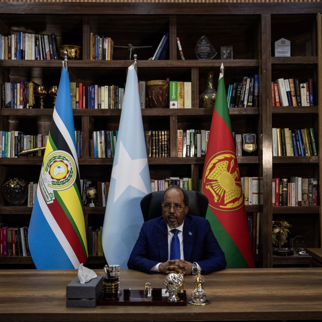 Somali President Hassan Sheikh Mohamud sits in his office as he speaks to journalists at Villa Somalia, the palace and principal workplace of the president, on April 22, 2025, in central Mogadishu, Somalia.