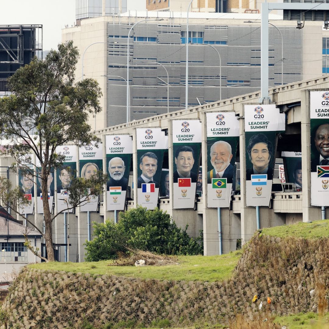 Banners bearing portraits of leaders of the G20 on Nov. 20 in Johannesburg.