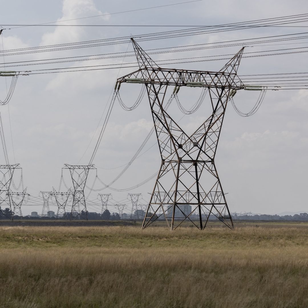 A general view of power lines near the Lethabo power station between Vereeniging and Sasolburg, South Africa, on April 17, 2024. A general view of power lines near the Lethabo power station between Vereeniging and Sasolburg, South Africa, on April 17, 2024.