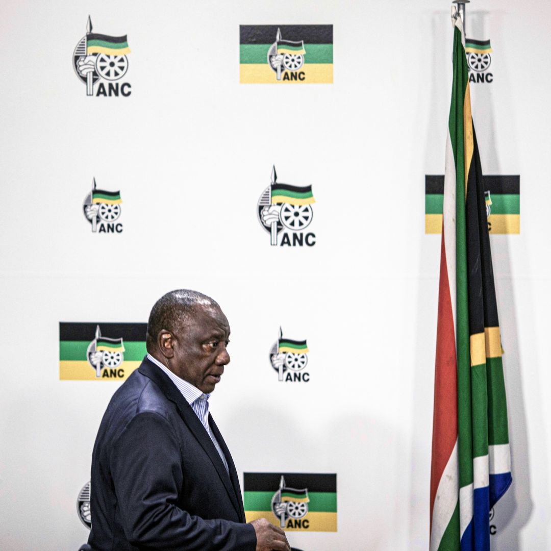 South African President Cyril Ramaphosa arrives at a briefing at his African National Congress (ANC) party's headquarters in Johannesburg on May 13, 2024.