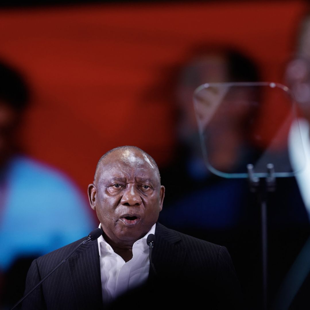 South African President Cyril Ramaphosa delivers a speech on April 18, 2026.
