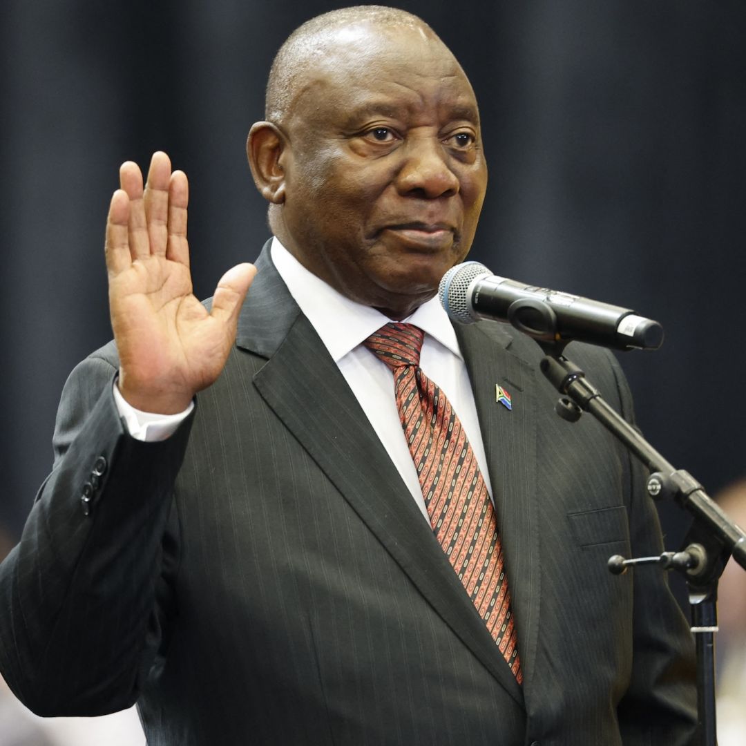 President Cyril Ramaphosa is sworn in as member of parliament during the first sitting of the new South African parliament on June 14 in Cape Town, South Africa.