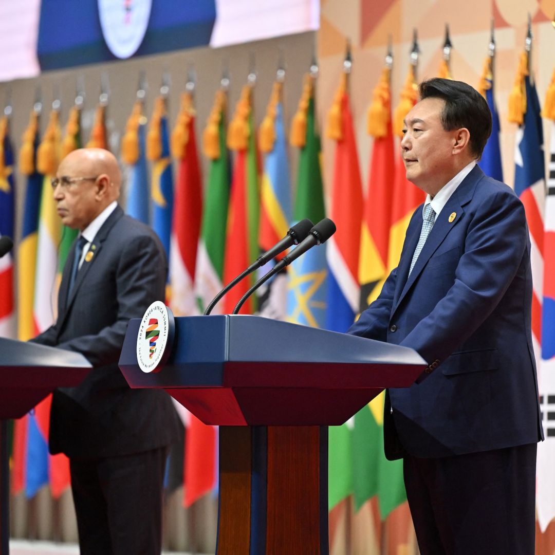South Korean President Yoon Suk Yeol (R) speaks as Mauritanian President Mohamed Ould Ghazouani (L), chair of the African Union, listens during a joint press conference following the 2024 Korea-Africa Summit in Goyang, South Korea, on June 4, 2024.