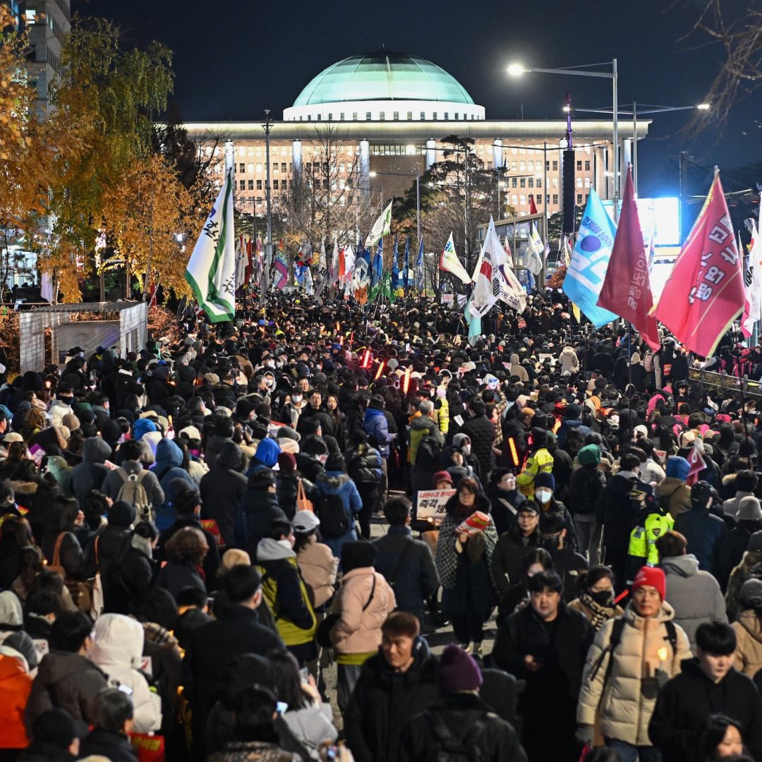 Protesters call for the ouster of South Korean President Yoon Suk Yeol outside the National Assembly in Seoul on Dec. 6, 2024.