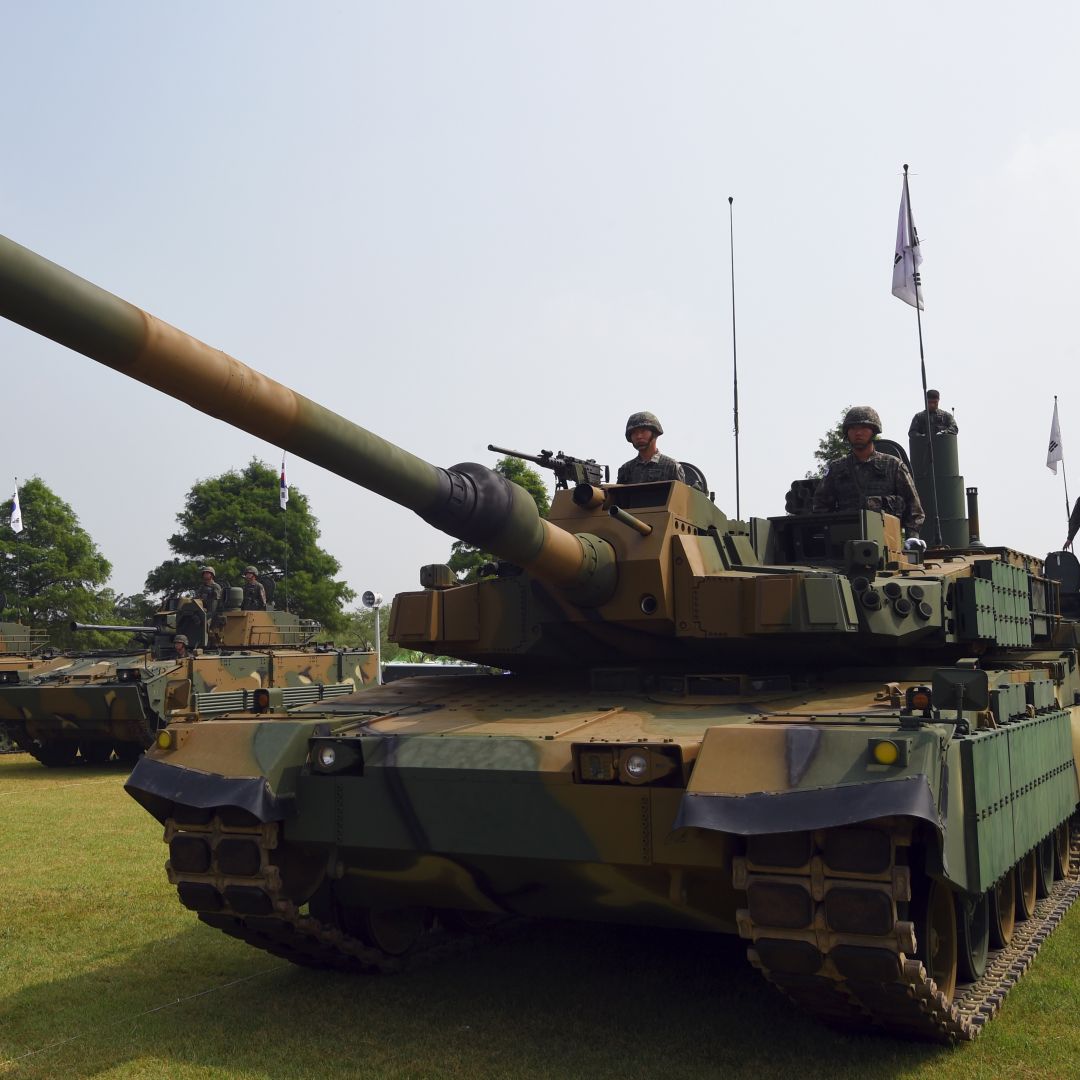 South Korean soldiers sit on a K2 tank in Pyeongtaek.