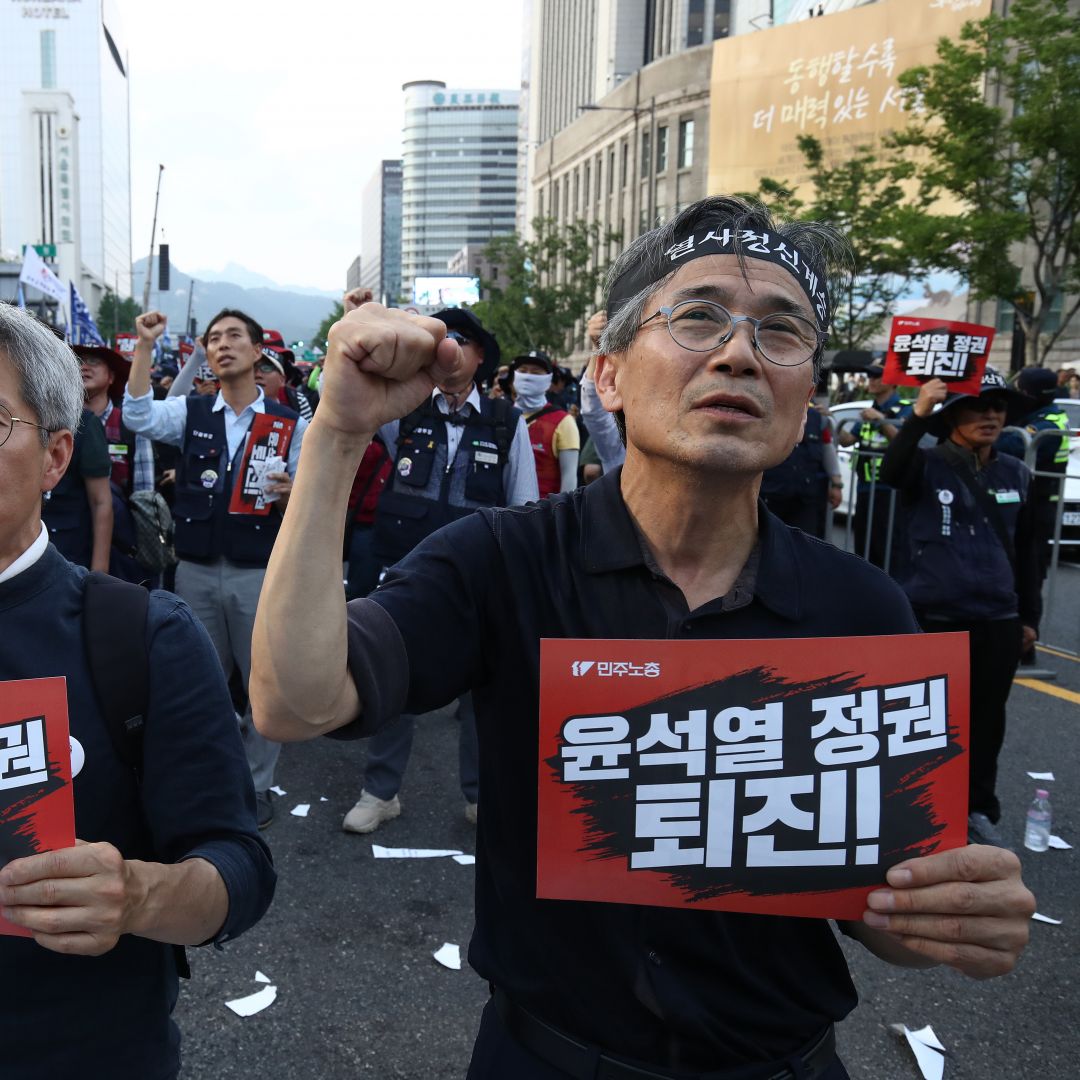 Labor union members from the Korean Confederation of Trade Unions participate in a rally in protest of the government's labor policies on May 31, 2023, in Seoul, South Korea. Labor union members from the Korean Confederation of Trade Unions participate in a rally in protest of the government's labor policies on May 31, 2023, in Seoul, South Korea.