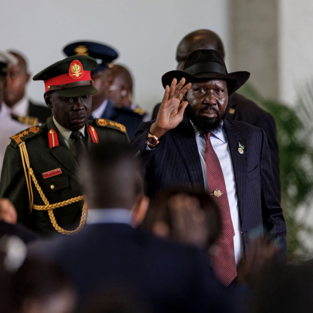 South Sudan's President Salva Kiir (right) waves as he arrives in Nairobi, Kenya, on May 9, 2024, for the launch of new peace talks with rebel groups.