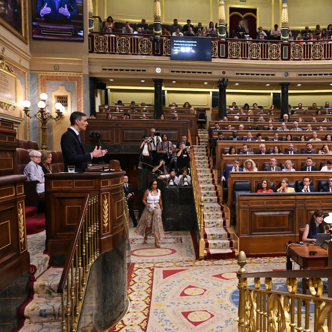Spanish Prime Minister Pedro Sanchez addresses lawmakers during a plenary session at the Spanish parliament in Madrid on July 9, 2025. Spanish Prime Minister Pedro Sanchez addresses lawmakers during a plenary session at the Spanish parliament in Madrid on July 9, 2025.