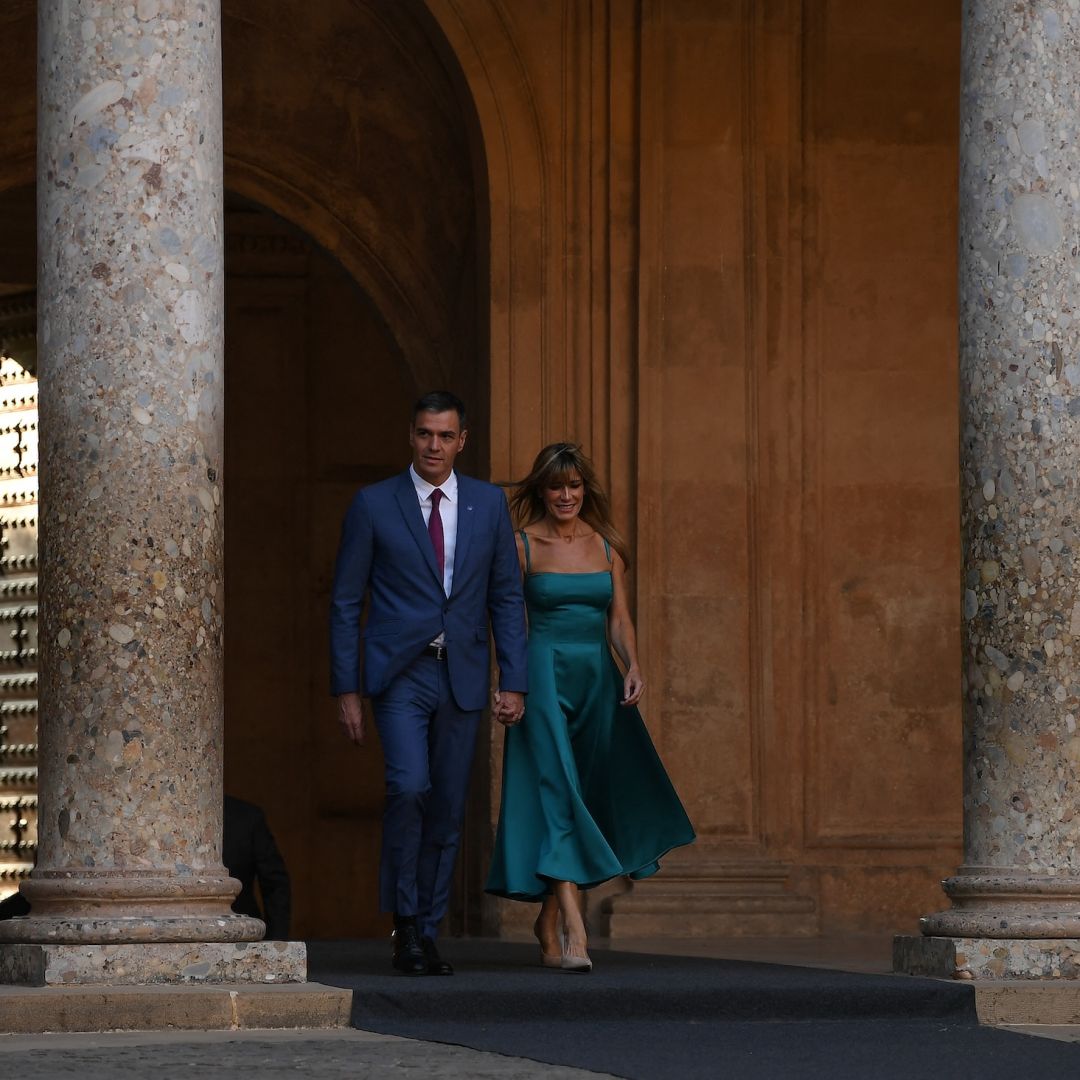 Spanish Prime Minister Pedro Sanchez and his wife, Begona Gomez, arrive Oct. 5, 2023, at the Carlos V Palace at the Alhambra in Granada, Spain.
