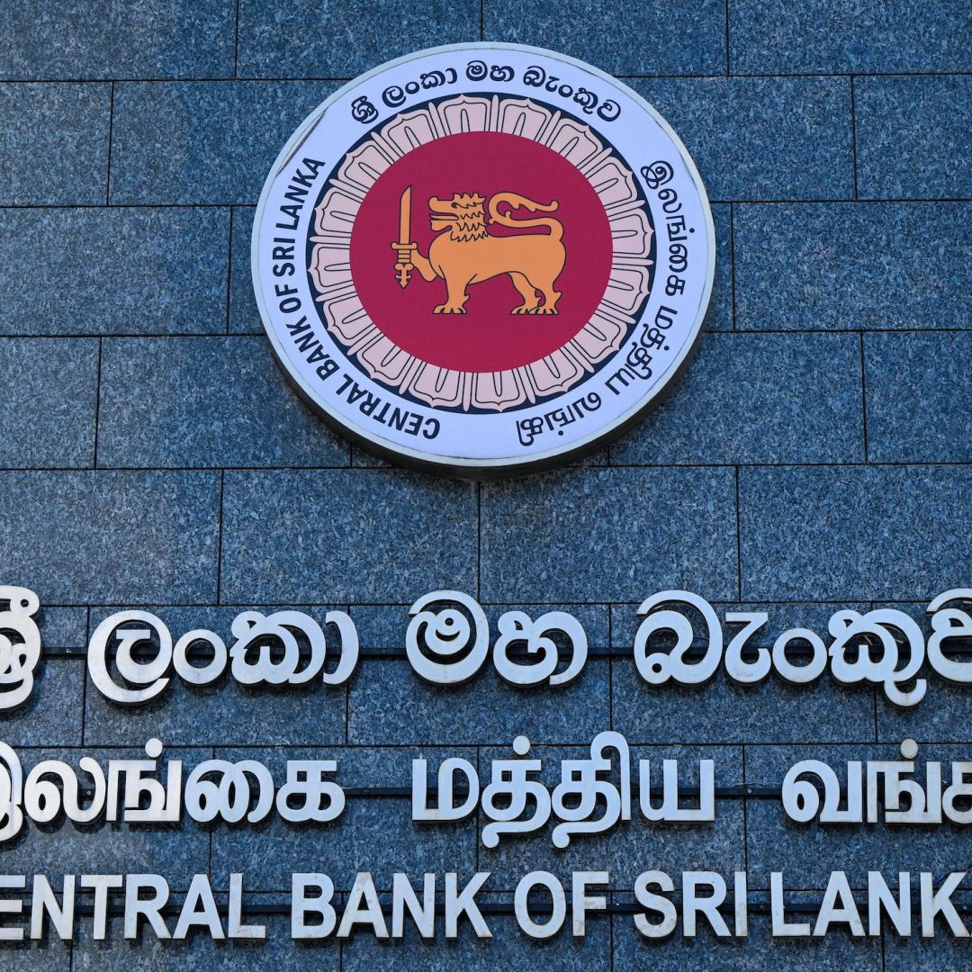 The Central Bank of Sri Lanka logo is seen outside the bank's headquarters in Colombo on July 6, 2023.
