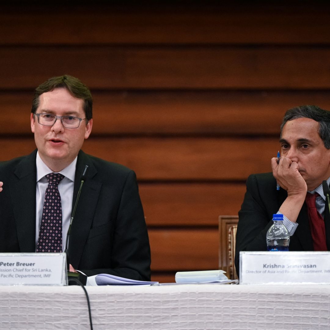 (From left to right) Peter Breuer, International Monetary Fund (IMF) Mission Chief for Sri Lanka, speaks next to Krishna Srinivasan, the Director of the IMF's Asia and Pacific Department, during a press conference in Colombo, Sri Lanka, on May 15, 2023. 