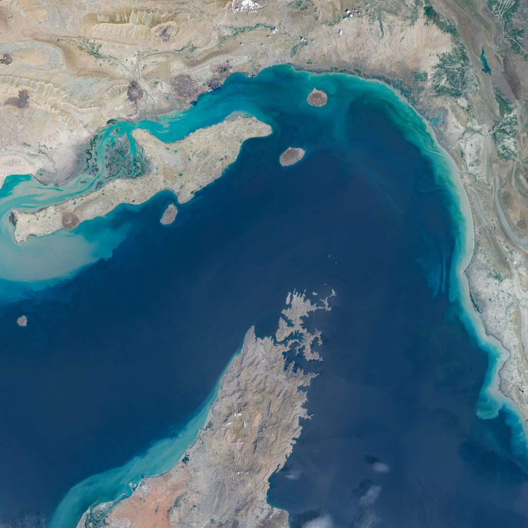 Satellite imagery shows a broad view of the Strait of Hormuz between southern Iran and Oman's Musandam Peninsula on April 7, 2026.
