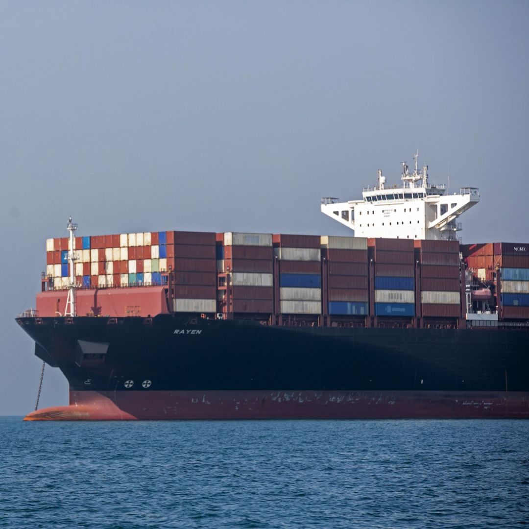 A cargo ship anchored May 16 in the Strait of Hormuz near Larak Island, Iran.