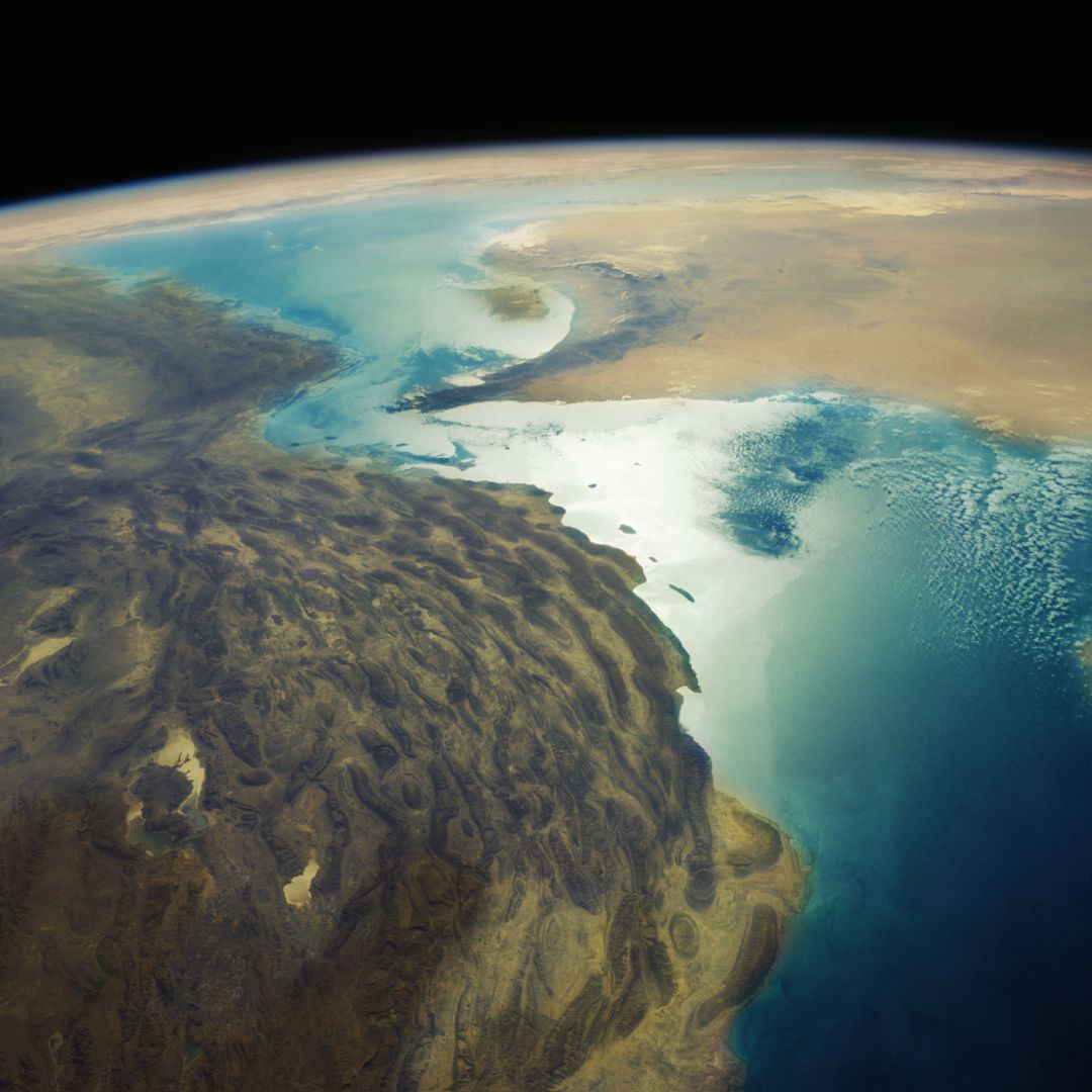 An aerial depiction of Iran's Zagros Mountains and the Strait of Hormuz. An aerial depiction of Iran's Zagros Mountains and the Strait of Hormuz.
