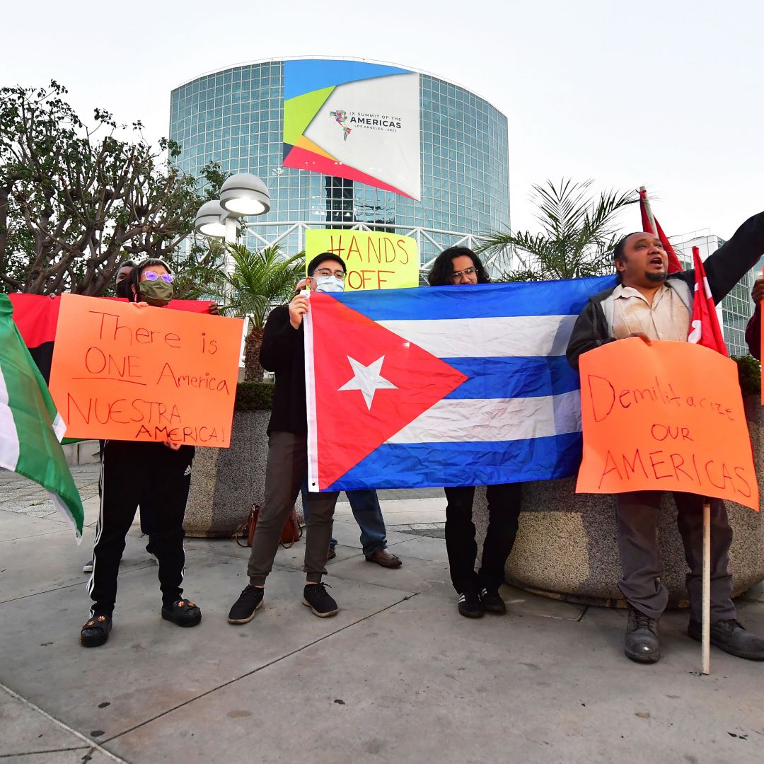 Activists in Los Angeles on June 2, 2022, protest the exclusion of Cuba, Nicaragua and Venezuela from the Summit of the Americas. The United States will host the leaders of the member states of the Organization of American States on June 6-10 in Los Angeles. Activists in Los Angeles on June 2, 2022, protest the exclusion of Cuba, Nicaragua and Venezuela from the Summit of the Americas.